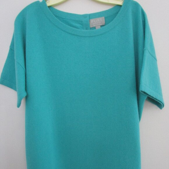 CASHMERE Knit Sweater Pullover Short Sleeve Oversized Boxy Teal Blue - Picture 6 of 8